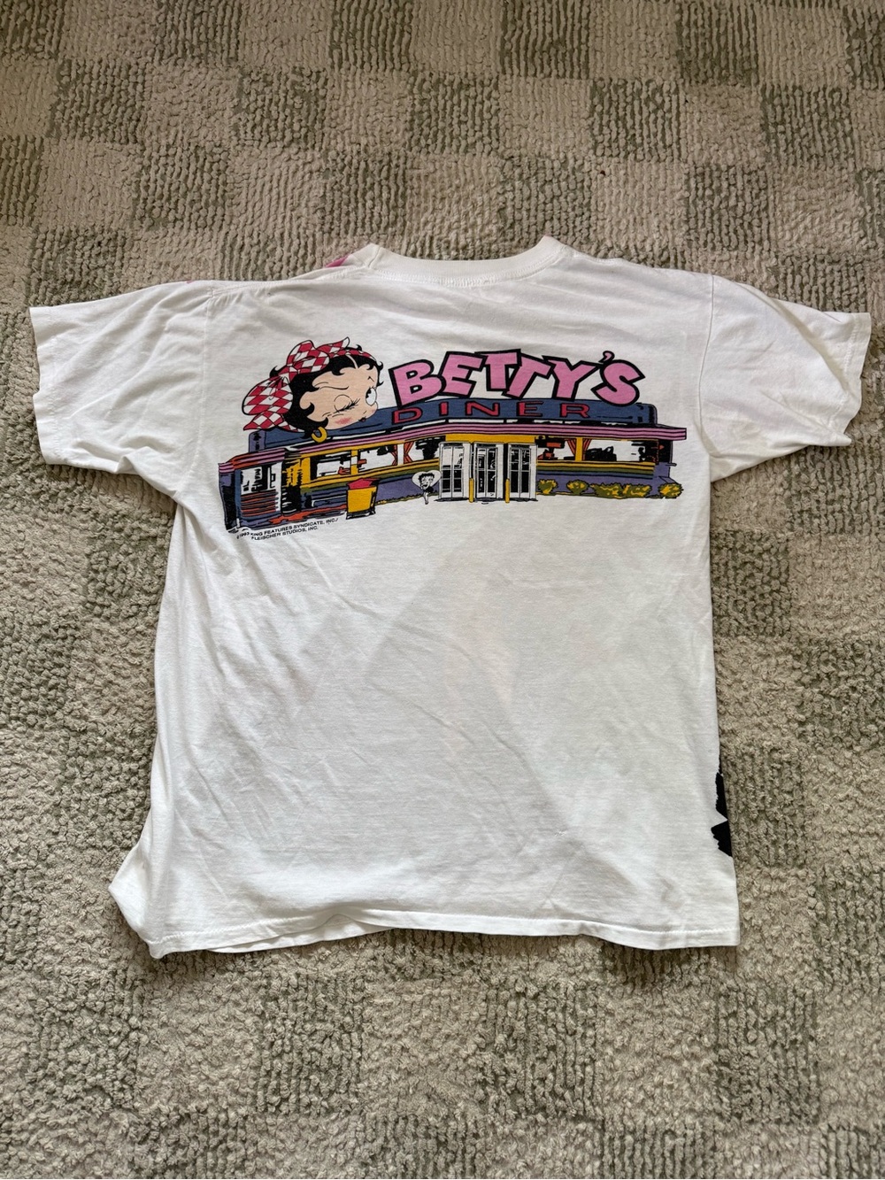 Vintage 1993 Betty Boop White Tee with Pink & Purple Diner Graphic - Picture 2 of 2